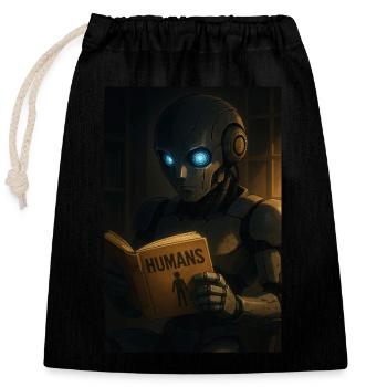Robot curieux lisant sur les humains - Sac cadeau en coton avec cordon (25 x 30 cm) - noir - Devant