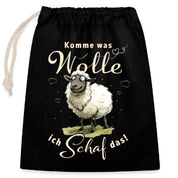 Komme was Wolle - Witziger Spruch Schaf Wortspiel - Verschließbarer Geschenkbeutel aus Baumwolle (25x30cm) - Schwarz - Vorne