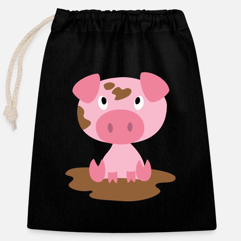 Kinderkleidung und Accessoires mit Schweinemuster - Verschließbarer Geschenkbeutel aus Baumwolle (25x30cm) - Schwarz