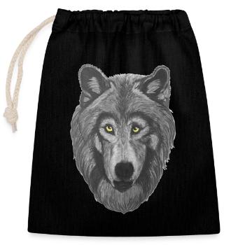 Wolf wolf head with gray fur and yellow eyes - Closable cotton gift bag (25x30cm) - black - Front