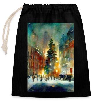 Aquarelle Ville de Noël - Sac cadeau en coton avec cordon (25 x 30 cm) - noir - Devant