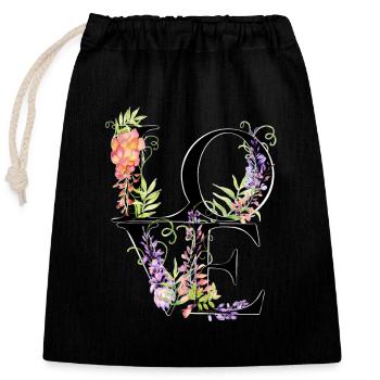 LOVE Flowers - Blumenliebe - Braut - Junggesellin - Verschließbarer Geschenkbeutel aus Baumwolle (25x30cm) - Schwarz - Vorne