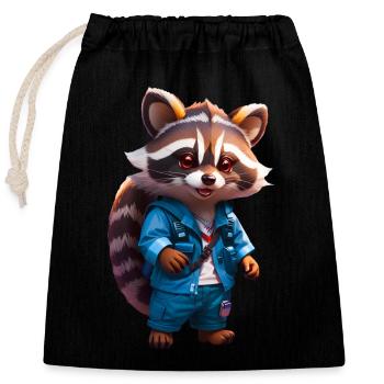 Happy Chibi Waschbär Racoon in Jeans - Verschließbarer Geschenkbeutel aus Baumwolle (25x30cm) - Schwarz - Vorne