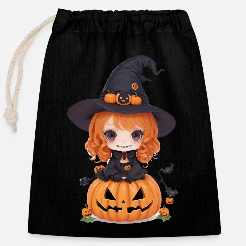 Helloween Kürbis Hexe - Verschließbarer Geschenkbeutel aus Baumwolle (25x30cm) - Schwarz