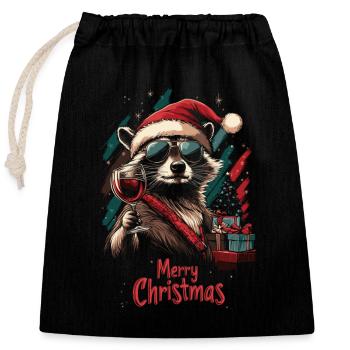 Raccoon with wine at Christmas - Closable cotton gift bag (25x30cm) - black - Front