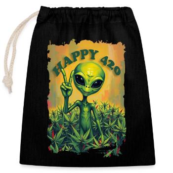 Cannabis HAPPY 420 with Paece Alien 1 - Closable cotton gift bag (25x30cm) - black - Front