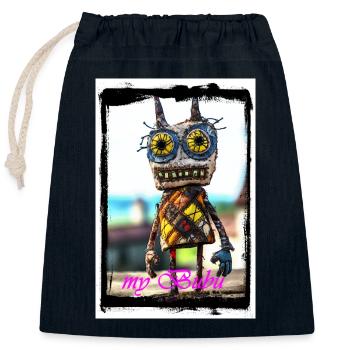 Poupée de chiffon colorée avec un visage curieux - Sac cadeau en coton avec cordon (25 x 30 cm) - bleu marine - Devant