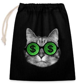 Drôle de chat riche avec des lunettes de signe de dollar - Sac cadeau en coton avec cordon (25 x 30 cm) - noir - Devant