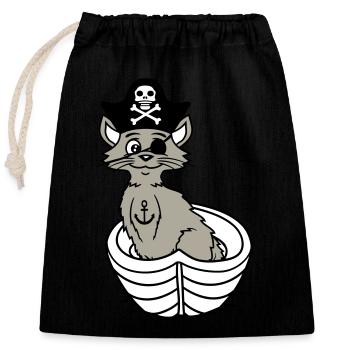 Pirat Katze Seeräuber Augenklappe Hut Ruderboot - Verschließbarer Geschenkbeutel aus Baumwolle (25x30cm) - Schwarz - Vorne