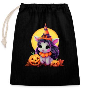 Cute Halloween unicorn with pumpkin and witch hat in the - Closable cotton gift bag (25x30cm) - black - Front
