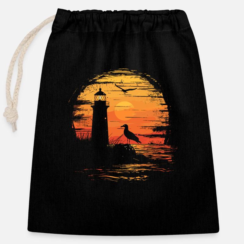 Mouette Seabird Phare Coucher de soleil - Sac cadeau en coton avec cordon (25 x 30 cm) - noir