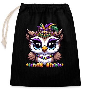 Mardi Gras Owl: Beads and Mask - Closable cotton gift bag (25x30cm) - black - Front