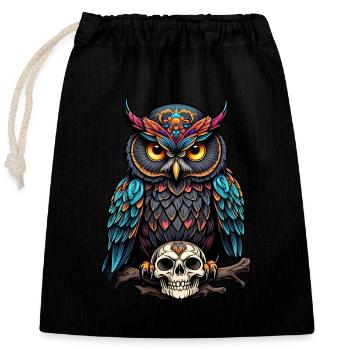 Decorative colorful owl with skull - Closable cotton gift bag (25x30cm) - black - Front