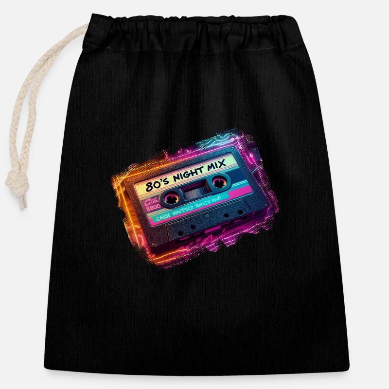 80's Night Mix rétro cassette musique mixtape disco - Sac cadeau en coton avec cordon (25 x 30 cm) - noir