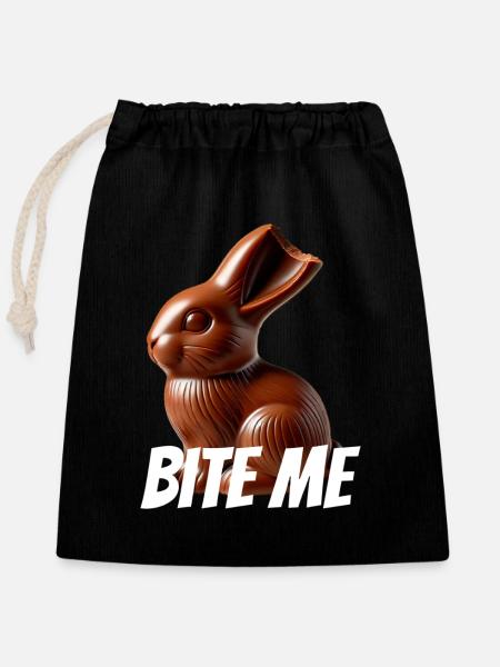 🍫 Bite Me – Lustiger Schokoladenhase 🐰 - Verschließbarer Geschenkbeutel aus Baumwolle (25x30cm) - Schwarz