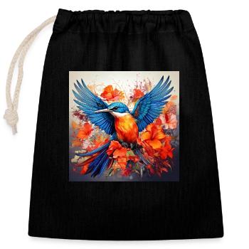 Kingfisher, hummingbird, hibiscus, flowers, colorful, painting - Closable cotton gift bag (25x30cm) - black - Front