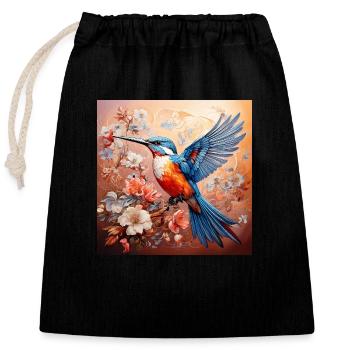 Kingfisher, hummingbird, hibiscus, flowers, pastel, painting - Closable cotton gift bag (25x30cm) - black - Front