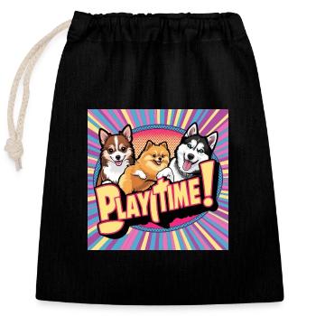 Chiens de bande dessinée - Temps de jeu - Sac cadeau en coton avec cordon (25 x 30 cm) - noir - Devant