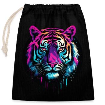Tiger Tigerkopf Neon Bunt Farbenfroh Wild Mutig - Verschließbarer Geschenkbeutel aus Baumwolle (25x30cm) - Schwarz - Vorne