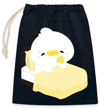 Canard douillet et endormi sur un lit jaune - Sac cadeau en coton avec cordon (25 x 30 cm) - bleu marine - Devant