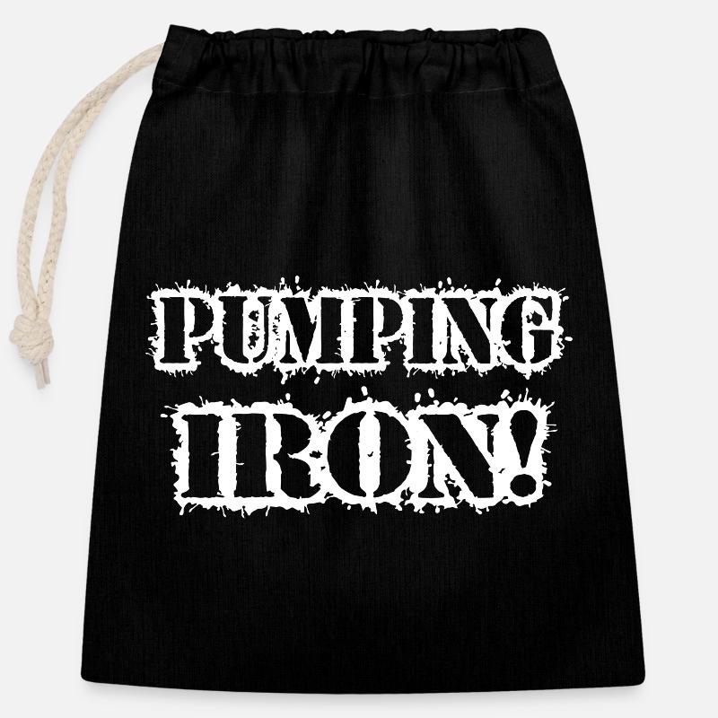 Pumping Iron Typographie Grunge - Sac cadeau en coton avec cordon (25 x 30 cm) - noir