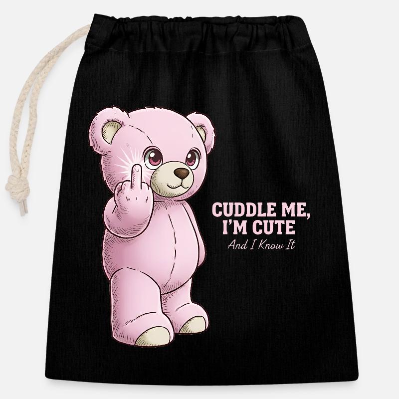 Ours Rose - Sac cadeau en coton avec cordon (25 x 30 cm) - noir
