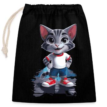Playful cat in children's style - Closable cotton gift bag (25x30cm) - black - Front
