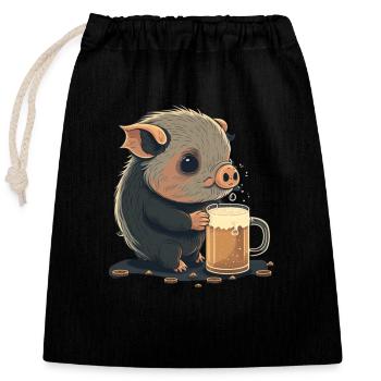 Cute pig drinks a big beer - Closable cotton gift bag (25x30cm) - black - Front