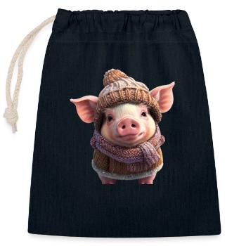 Mignon porcelet d’hiver - Sac cadeau en coton avec cordon (25 x 30 cm) - bleu marine - Devant