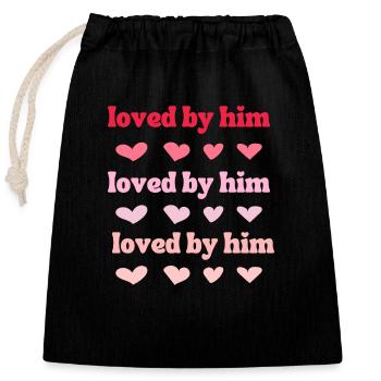 Loved by him with pink hearts - Closable cotton gift bag (25x30cm) - black - Front