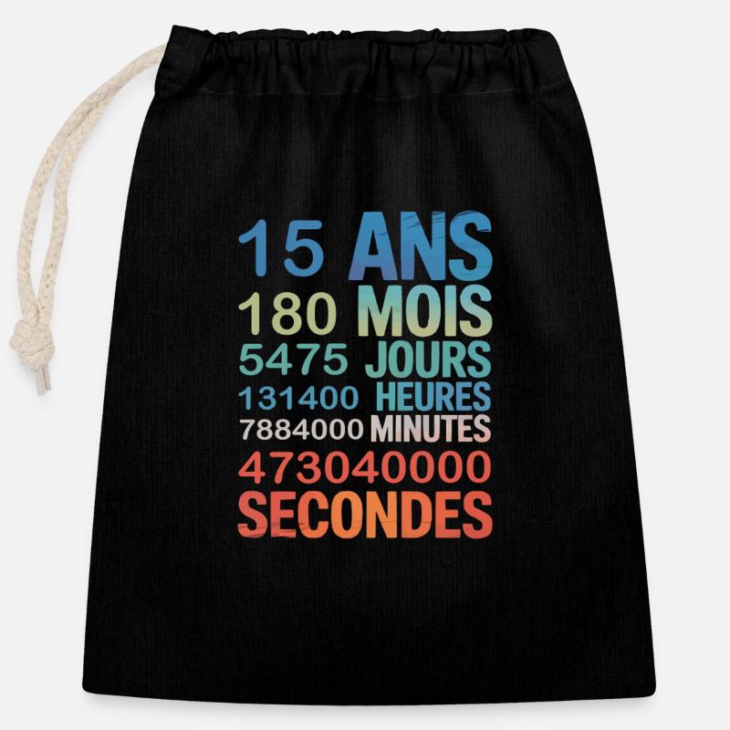 15 Ans en Secondes Design Unique pour Anniversaire - Closable cotton gift bag (25x30cm) - black