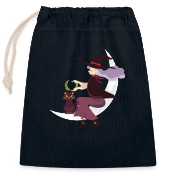 Sorcière chat d’Halloween - Sac cadeau en coton avec cordon (25 x 30 cm) - bleu marine - Devant