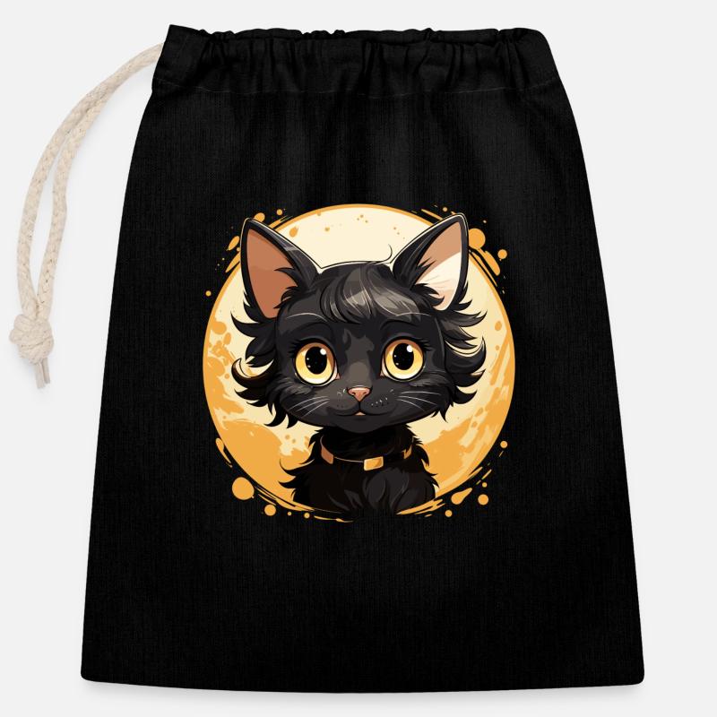 Black Cat Kawaii, Cute Design - Closable cotton gift bag (25x30cm) - black