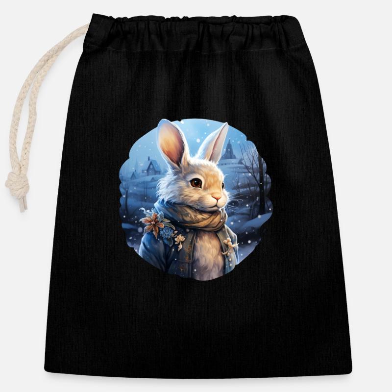 Snowy landscape with cute bunny - Closable cotton gift bag (25x30cm) - black