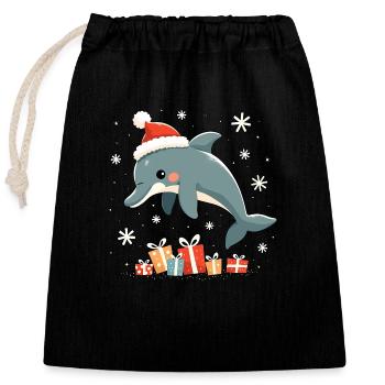 Dauphin au chapeau de Père Noël - Flocons de neige - Sac cadeau en coton avec cordon (25 x 30 cm) - noir - Devant