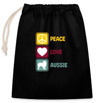 Australischer Schäferhund Aussie Peace Love Spruch - Verschließbarer Geschenkbeutel aus Baumwolle (25x30cm) - Schwarz - Vorne