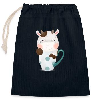 Cute cow looks out of a mug with stars - Closable cotton gift bag (25x30cm) - navy - Front