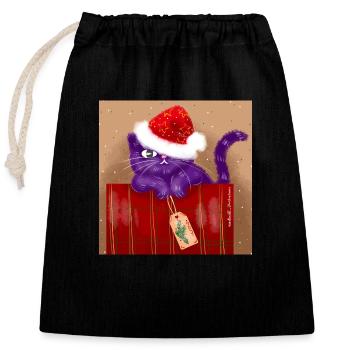 Chat de Noël - Sac cadeau en coton avec cordon (25 x 30 cm) - noir - Devant