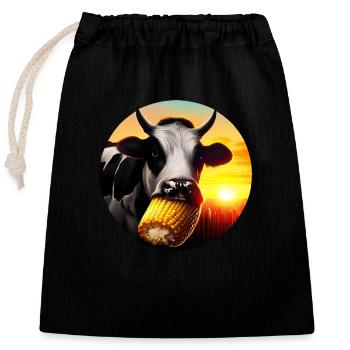Cow enjoying corn - Closable cotton gift bag (25x30cm) - black - Front