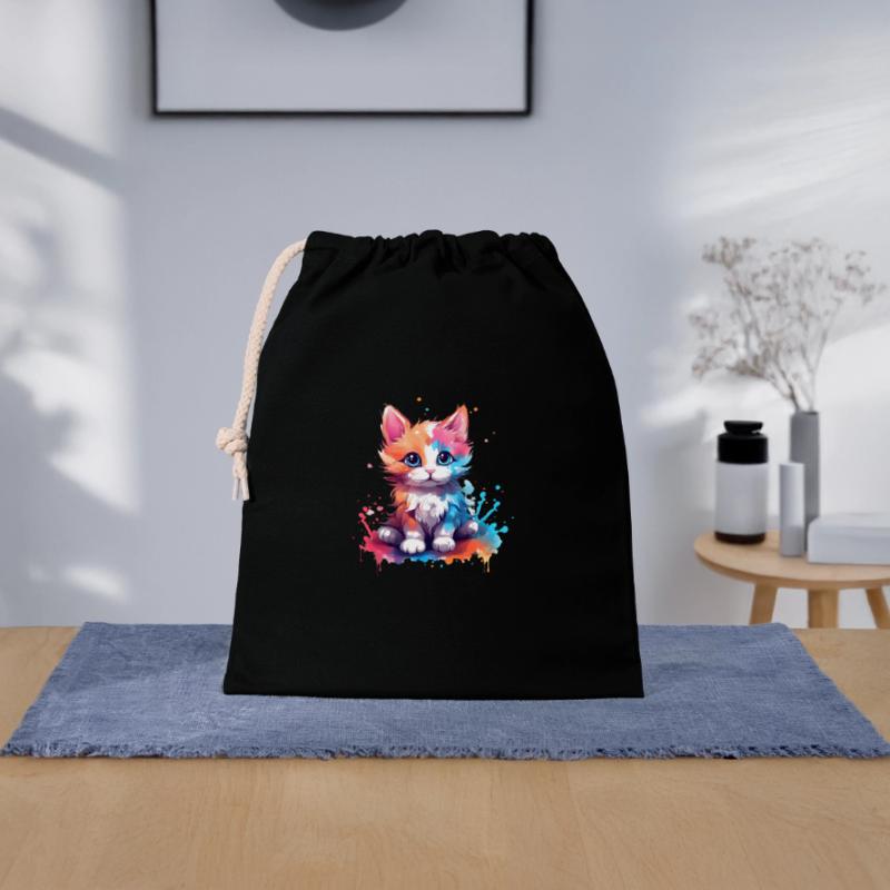 Mignon petit chat coloré avec éclaboussures de couleur Sac cadeau en coton avec cordon (25 x 30 cm)