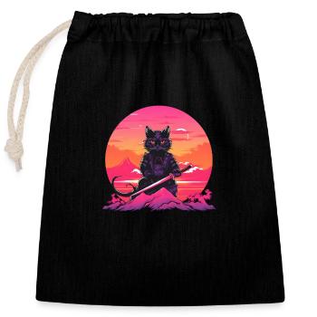 Synthwave samurai Cat with katana - Closable cotton gift bag (25x30cm) - black - Front