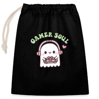 Cute Ghost Playing Video Games Gamer Soul Funny Pu - Closable cotton gift bag (25x30cm) - black - Front