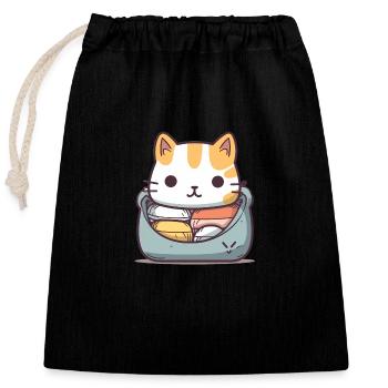 Chat - Style Kawaii - Sac cadeau en coton avec cordon (25 x 30 cm) - noir - Devant