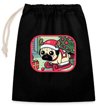 Weihnachtlicher Mops - Verschließbarer Geschenkbeutel aus Baumwolle (25x30cm) - Schwarz - Vorne