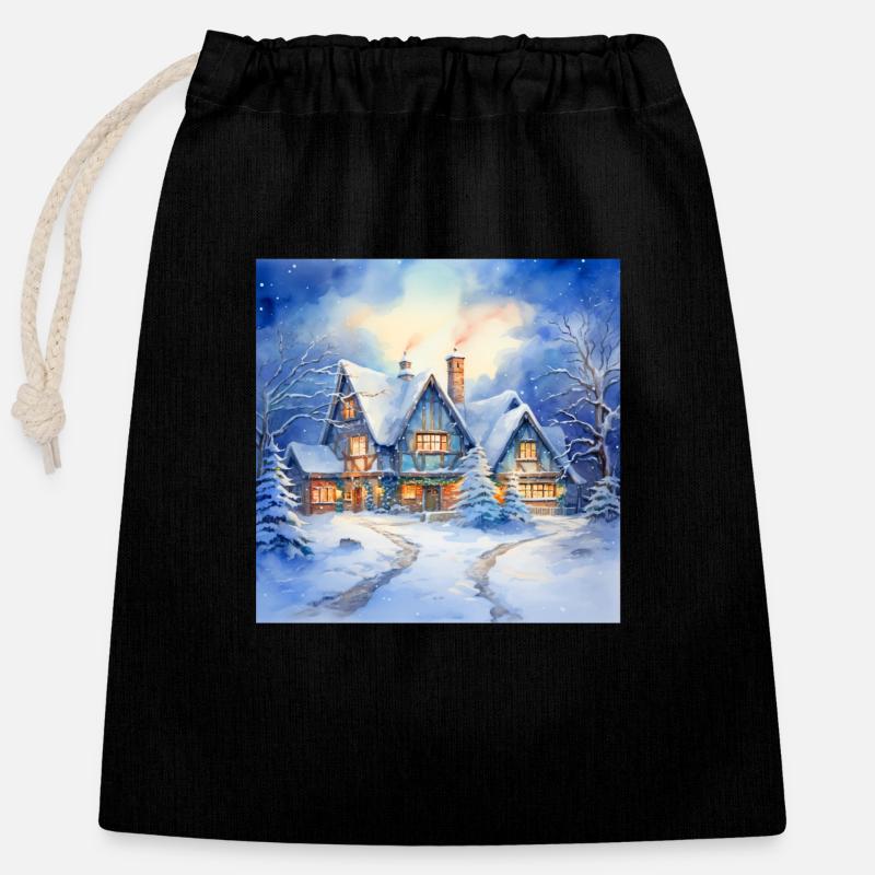 Maison enneigée - Sac cadeau en coton avec cordon (25 x 30 cm) - noir