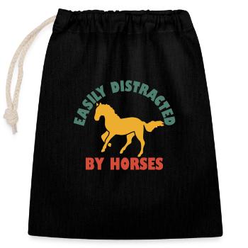 Facilement distrait par les chevaux - Sac cadeau en coton avec cordon (25 x 30 cm) - noir - Devant