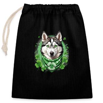 Chien husky avec Bandana de trèfle vert St. Patrick’s - Sac cadeau en coton avec cordon (25 x 30 cm) - noir - Devant