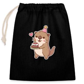 Niedlicher Otter mit Geburtstagskuchen - Verschließbarer Geschenkbeutel aus Baumwolle (25x30cm) - Schwarz - Vorne