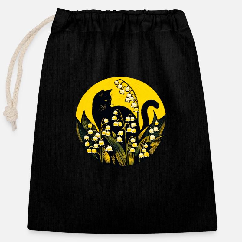 Chat noir muguet de la vallée - Sac cadeau en coton avec cordon (25 x 30 cm) - noir