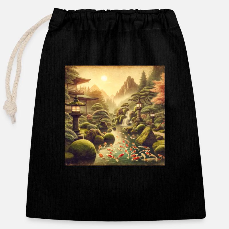 Japan Vintage Kois Moss Waterfall - Closable cotton gift bag (25x30cm) - black